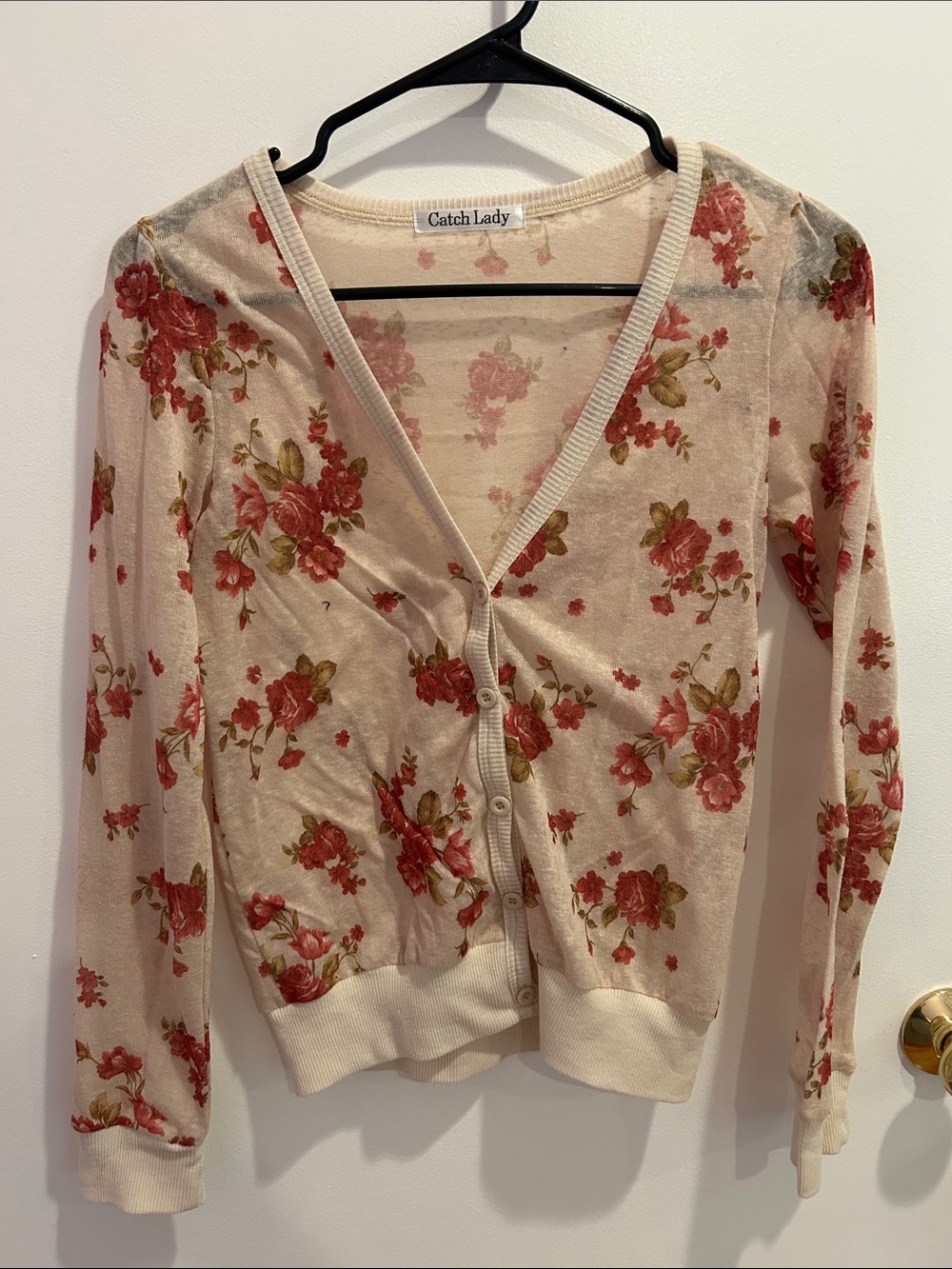 Cream Floral V-Neck Cardigan Sweater